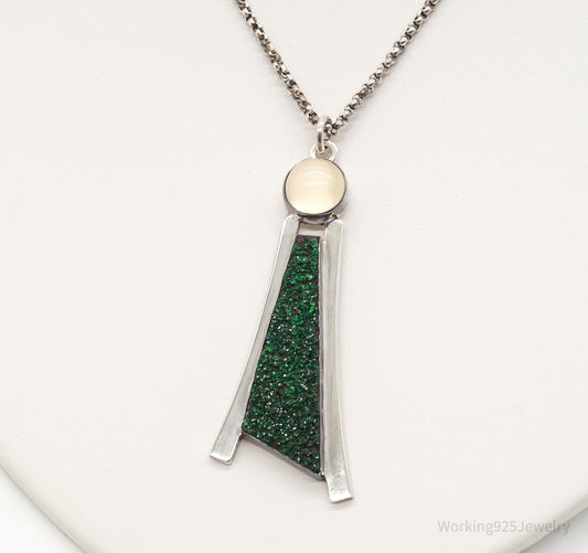 Vintage Moonstone Green Druzy Quartz Modernist Sterling Silver Necklace — photo 1 of 10