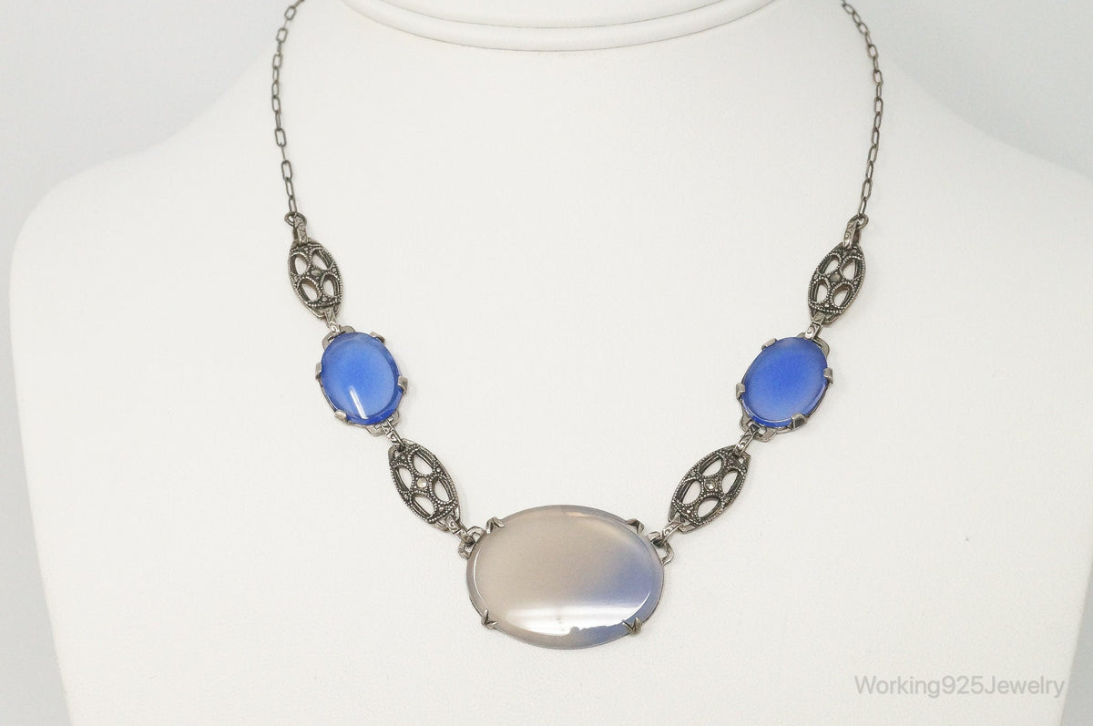 Antique Glass Sterling Silver Filigree Necklace