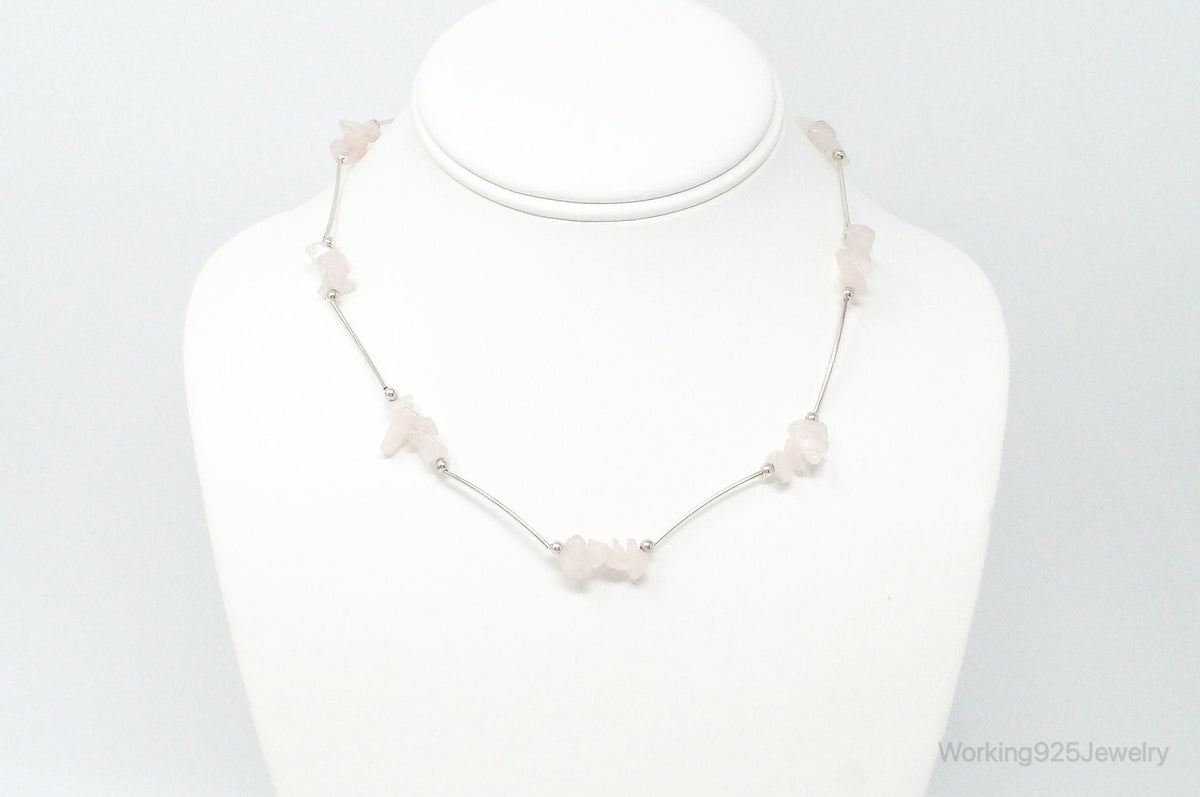 Vintage Rose Quartz Bead Sterling Silver Necklace