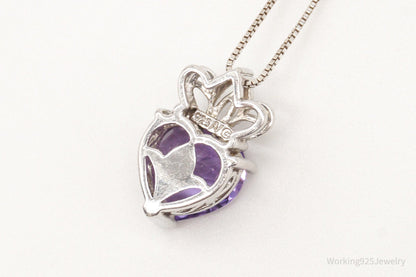 Vintage Purple Cubic Zirconia Crowned Heart Sterling Silver Necklace