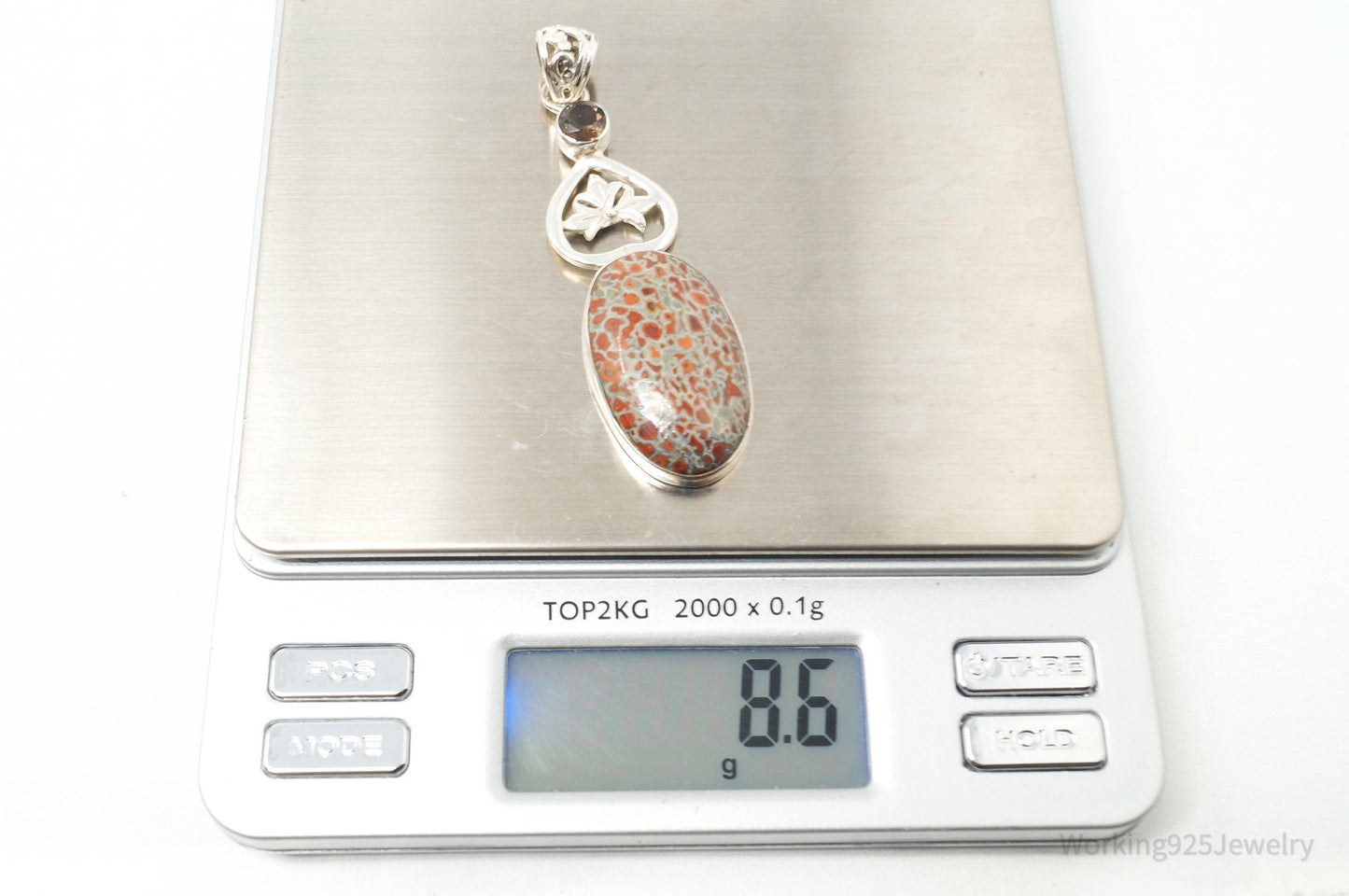 Vintage Large Jasper Smoky Topaz Sterling Silver Necklace Pendant