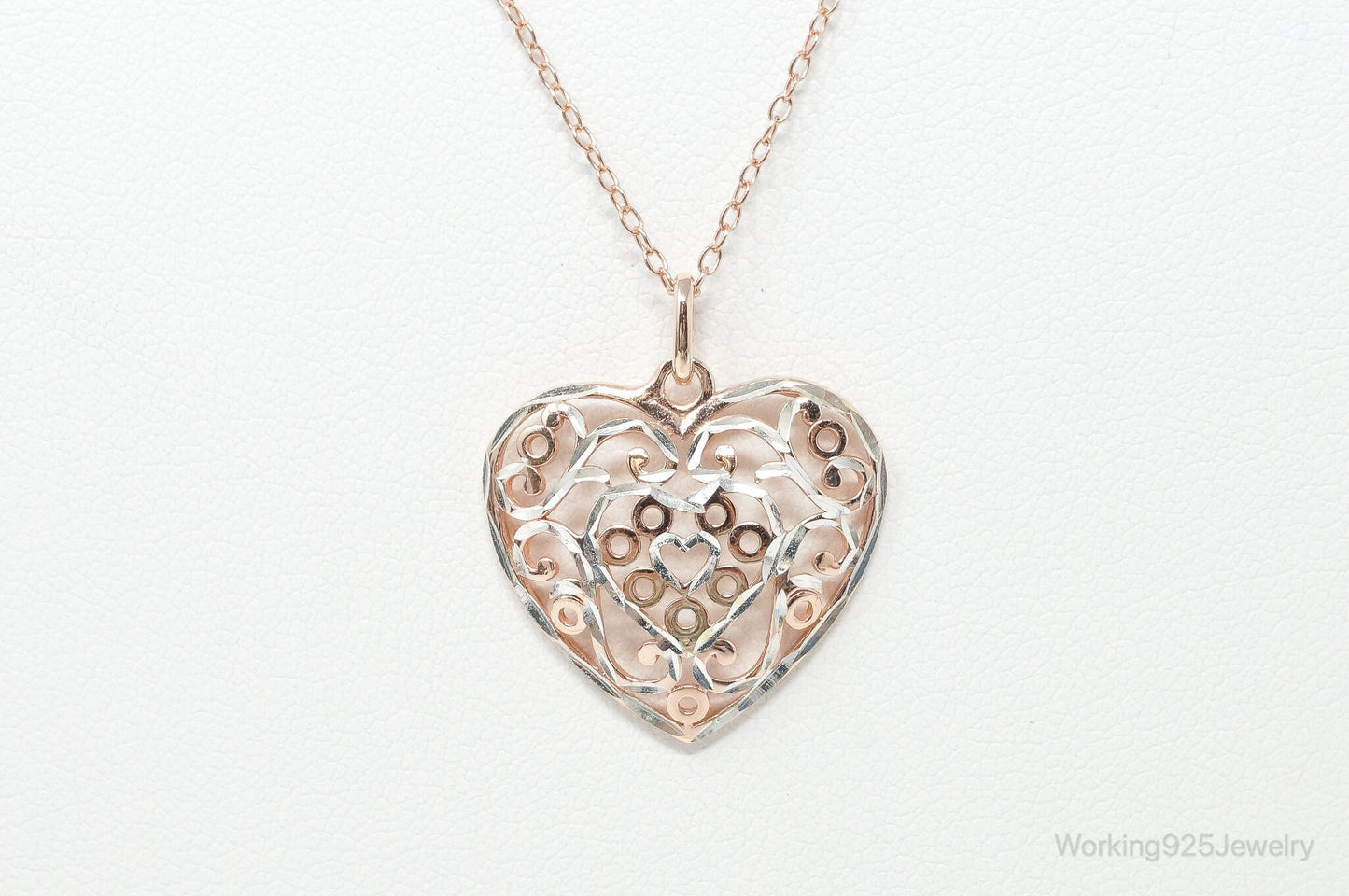 Vintage Rose Gold Vermeil Heart Sterling Silver Necklace - 18 Inch Chain
