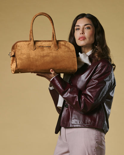 Chiara (cognac) - Italian calf suede women's handbag (with shoulder strap) — photo 8 of 9