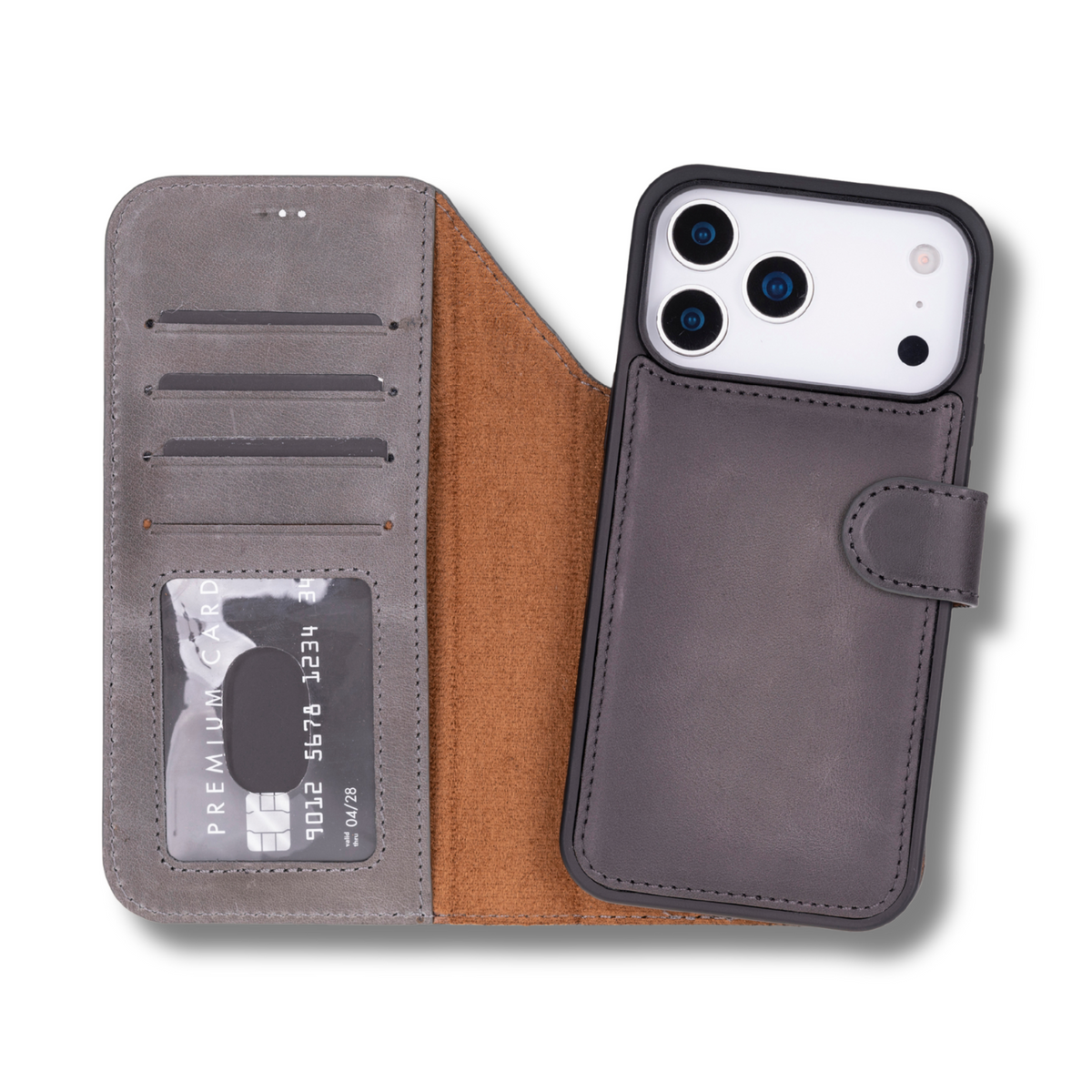 Leather iPhone 17 Pro Wallet Case – Gray - Austin