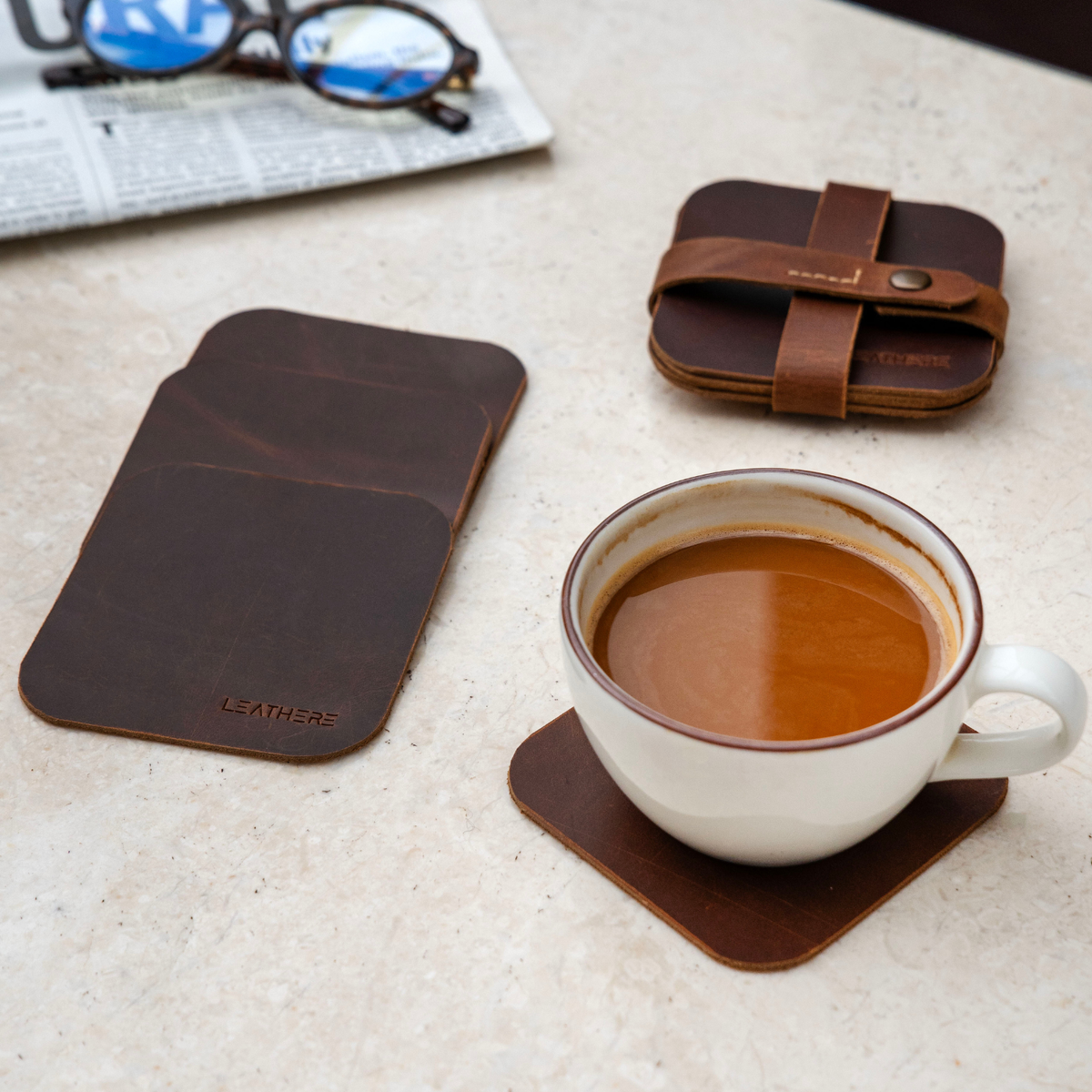 LEATHERE Leather Coffee Coaster Set — Set of 4- Hialeah