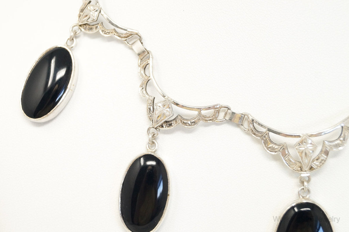 Antique Black Onyx Art Deco Silver Bib Necklace