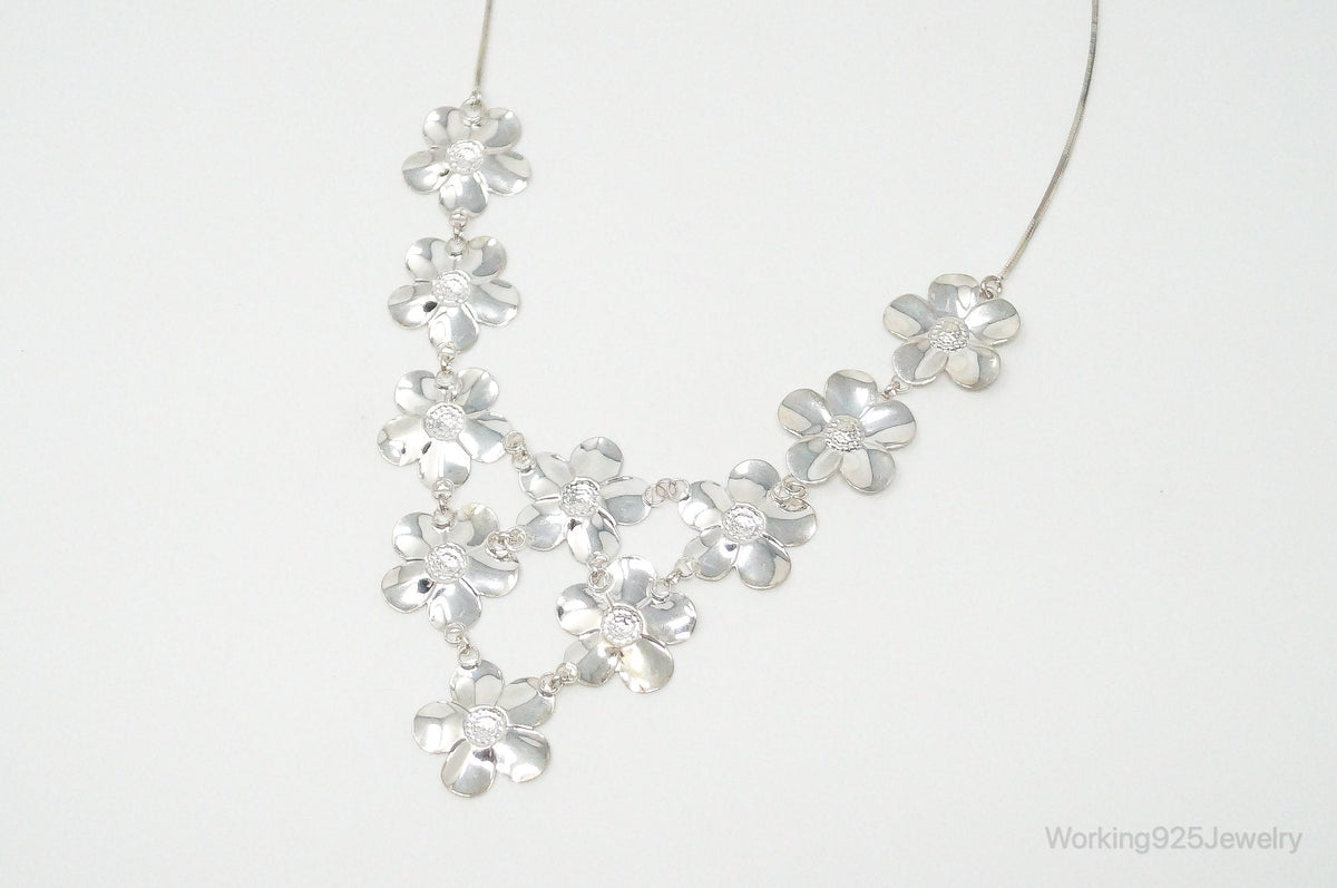 Vintage Italian Designer Paola Valentini Flowers Bib Sterling Silver Necklace