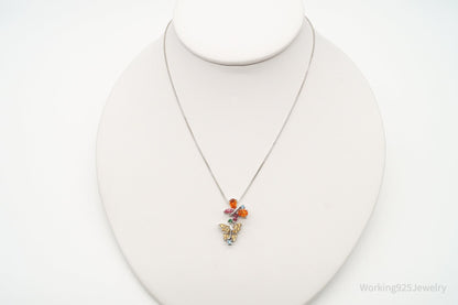 Vintage Multiple Gemstone Butterflies Sterling Silver Necklace