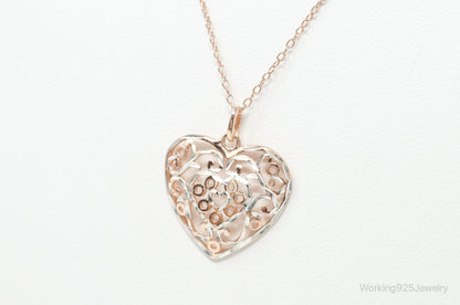 Vintage Rose Gold Vermeil Heart Sterling Silver Necklace - 18 Inch Chain