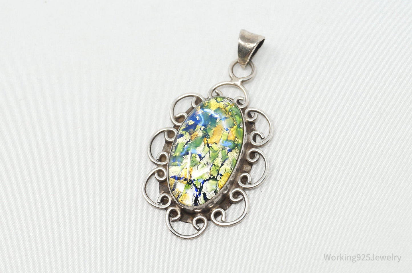 Vintage Large Mexico Dichroic Glass Flower Sterling Silver Necklace Pendant