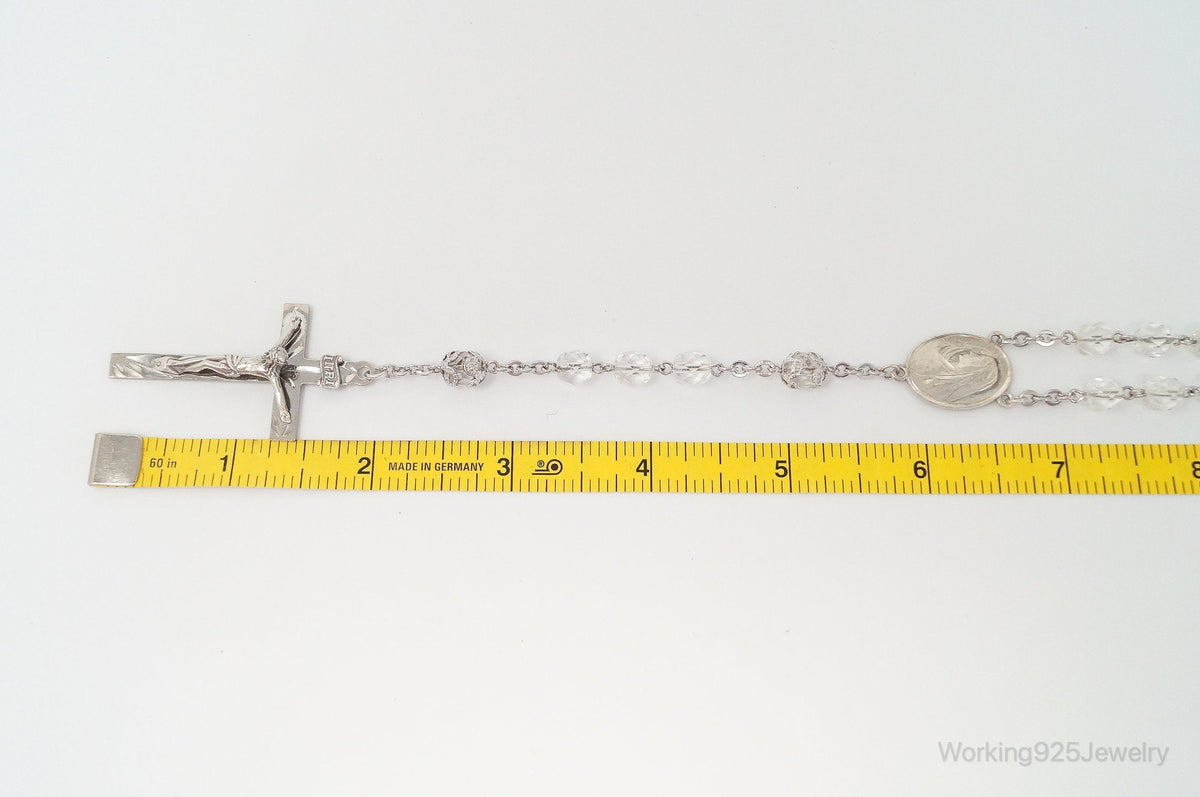 Vintage Crystal Beaded Rosary Cross Sterling Silver Necklace