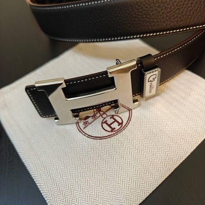 Hermès Black Leather Belt - Men's Silver 'H' Buckle Accessory