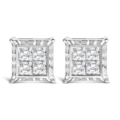 14K White Gold 2.00 Cttw Invisible Set Princess-Cut Lab Grown Diamond Wavy Quad Stud Earrings