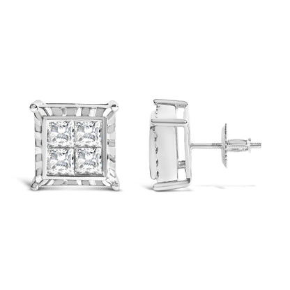 14K White Gold 2.00 Cttw Invisible Set Princess-Cut Lab Grown Diamond Wavy Quad Stud Earrings