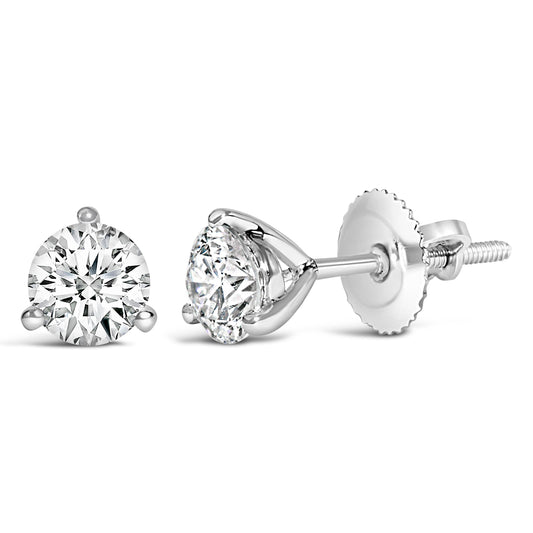 14K White Gold 2 Cttw Round Lab-Grown Diamond 3-Prong Martini Solitaire Screwback Stud Earrings