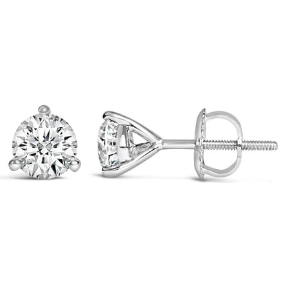 14K White Gold 2 Cttw Round Lab-Grown Diamond 3-Prong Martini Solitaire Screwback Stud Earrings