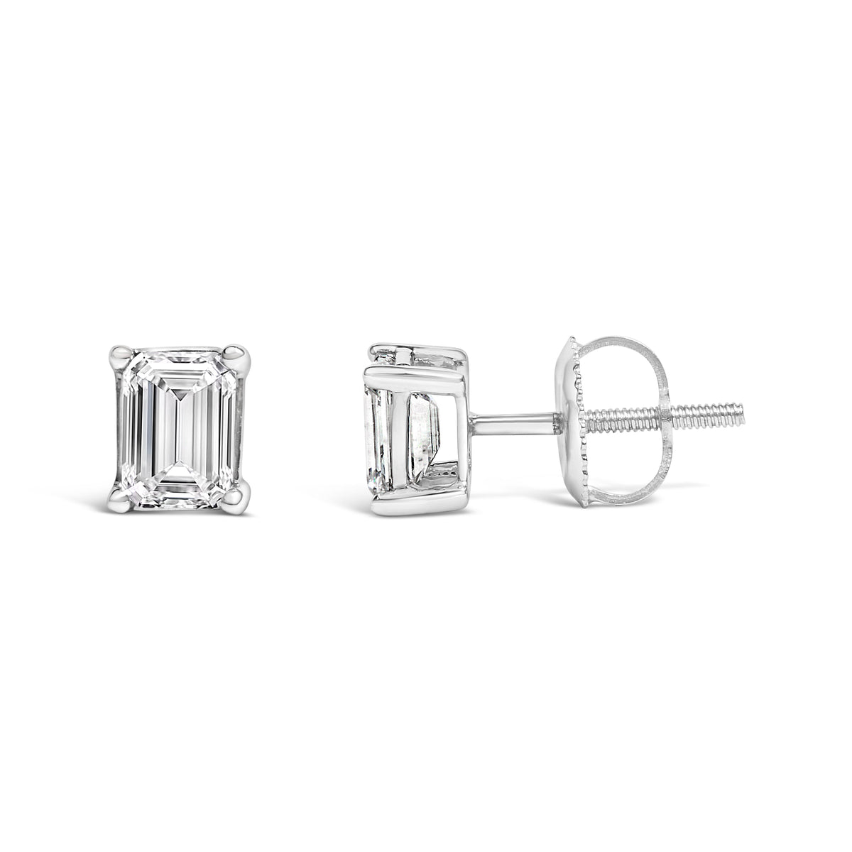 14K White Gold 1 Cttw Emerald Cut Lab-Grown Diamond Solitaire Stud Earrings with Screw Backs