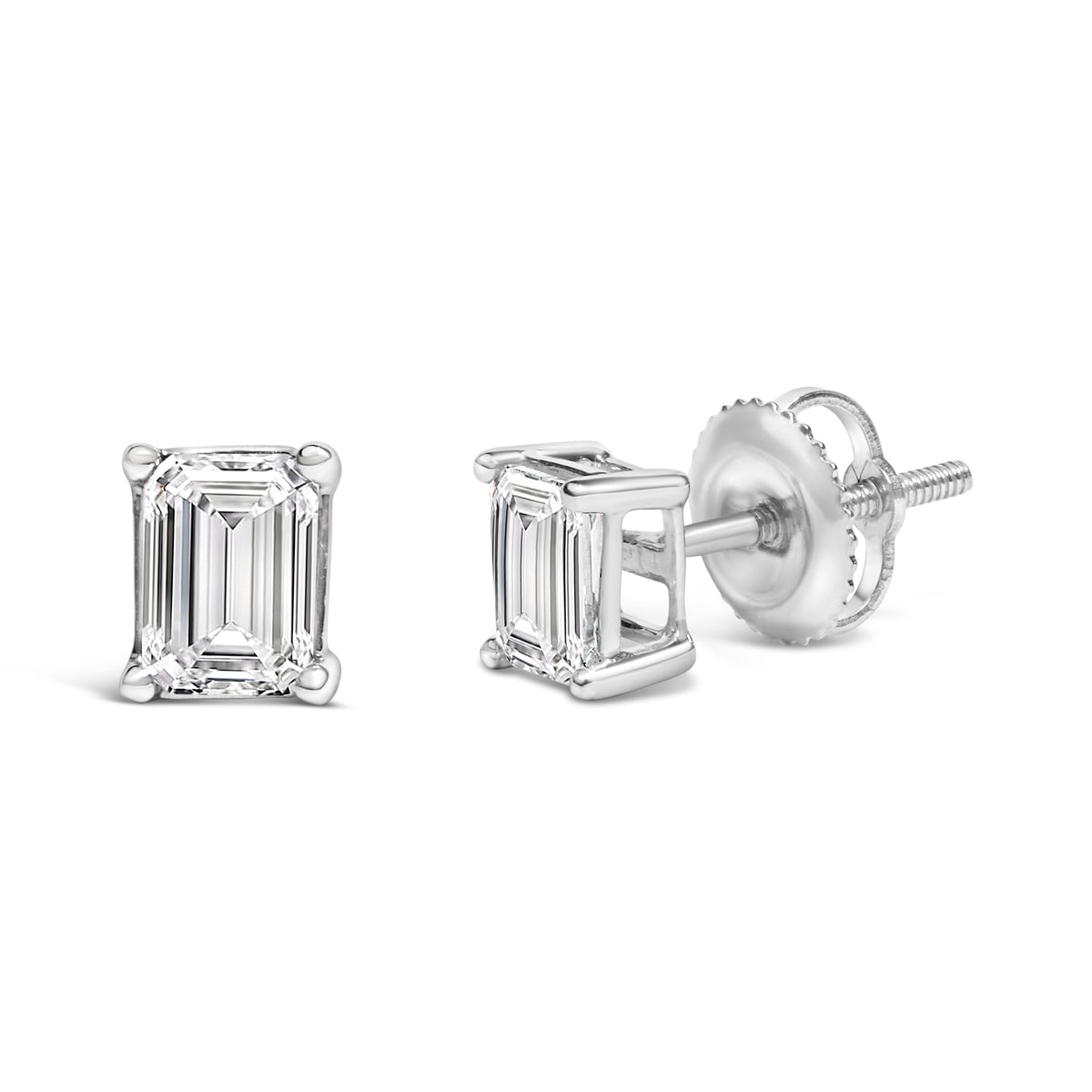 14K White Gold 1 Cttw Emerald Cut Lab-Grown Diamond Solitaire Stud Earrings with Screw Backs