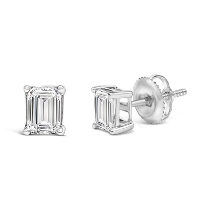 14K White Gold 1 Cttw Emerald Cut Lab-Grown Diamond Solitaire Stud Earrings with Screw Backs