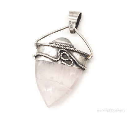 Vintage Large Rose Quartz White Moonstone Sterling Silver Pendant