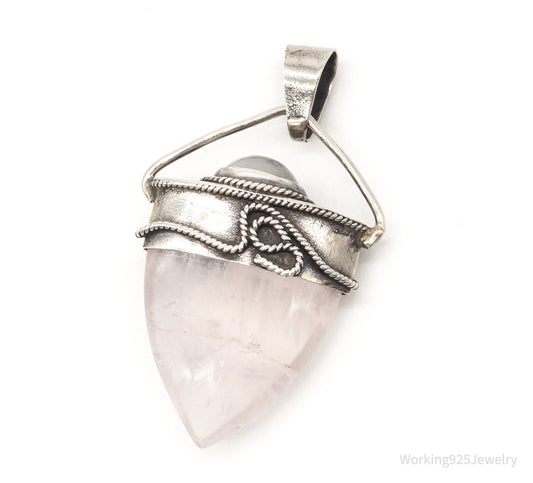 Vintage Large Rose Quartz White Moonstone Sterling Silver Pendant