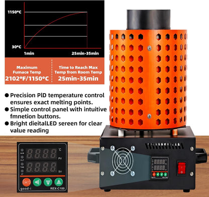 GTE Gold Melting Furnace – 1+3 KG Electric Digital Smelting Kiln Kit, 1800W 2100°F for Gold Silver Copper Aluminum (110V)