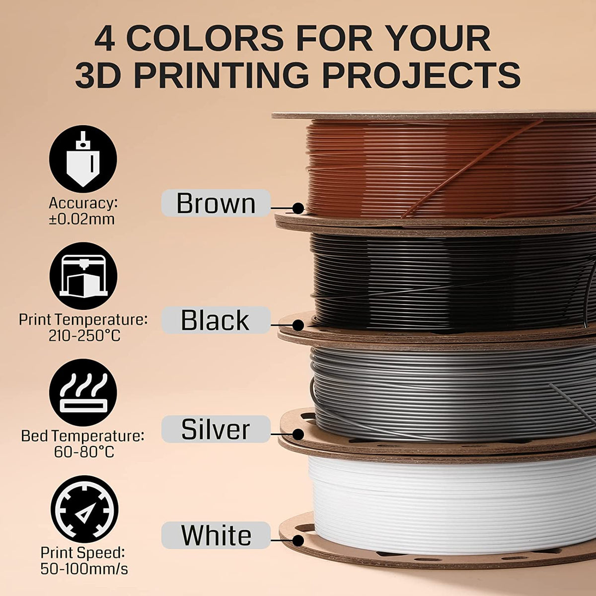 Black, White, Brown, Silver 1.75mm PRO-3 PETG Filament, 500g x 4pack — photo 3 of 6