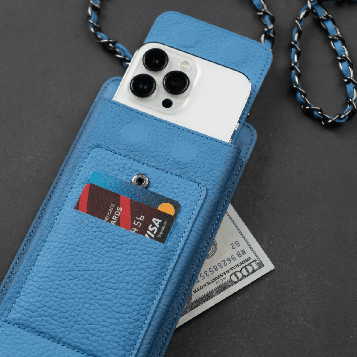 Leather Blue Crossbody Bag Phone Wallet - Columbus