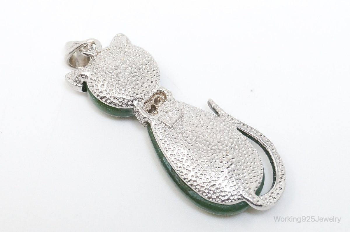 Large Kitten Cat Nephrite Cubic Zirconia Sterling Silver Necklace Pendant