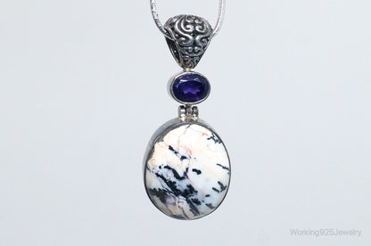 Vintage Large Zebra Jasper Amethyst Sterling Silver Necklace Pendant