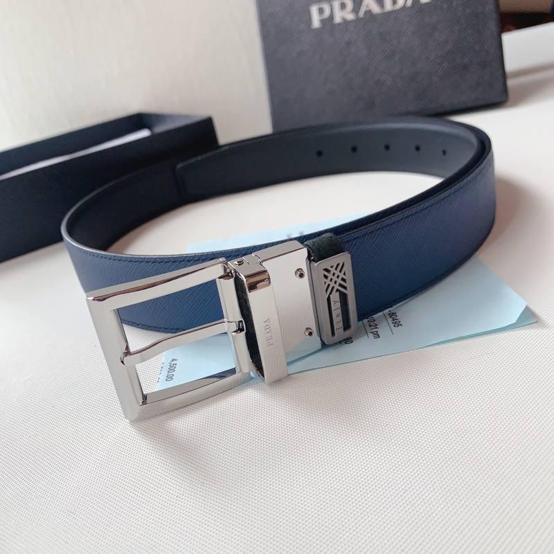 Prada Leather Reversible Belt With Triple Buckles 'Black/Blue'