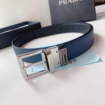 Prada Leather Reversible Belt With Triple Buckles 'Black/Blue'