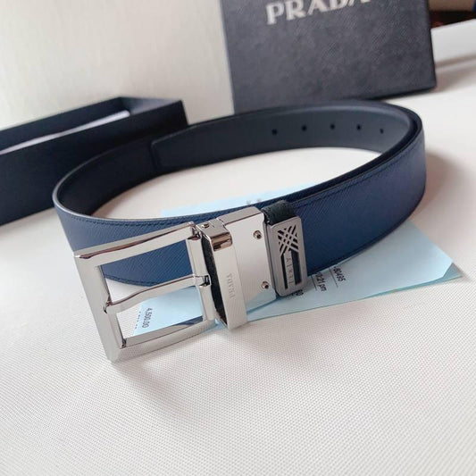 Prada Leather Reversible Belt With Triple Buckles 'Black/Blue'