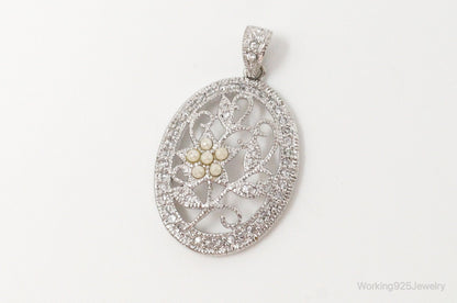 Large Vintage Faux Pearl Cubic Zirconia Sterling Silver Pendant