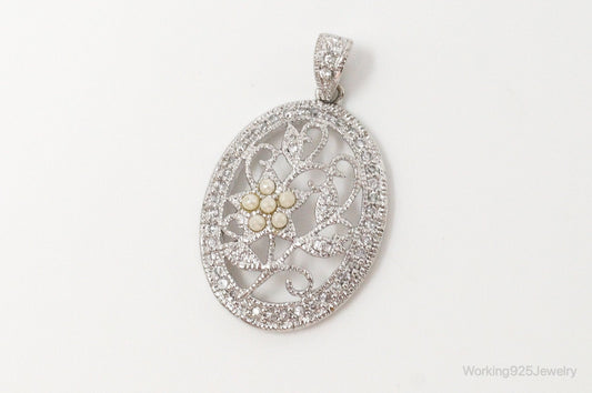 Large Vintage Faux Pearl Cubic Zirconia Sterling Silver Pendant