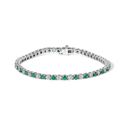 14K White Gold Alternating 1 1/2 Cttw Diamond and Emerald Tennis Bracelet