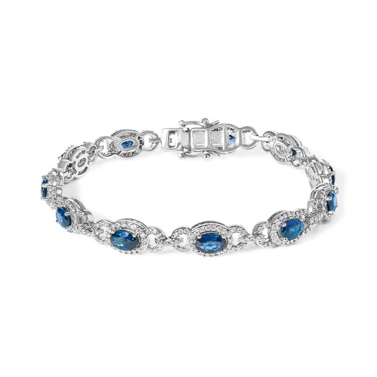 14K White Gold Vintage-Inspired Oval Blue Sapphire & Diamond Link Bracelet