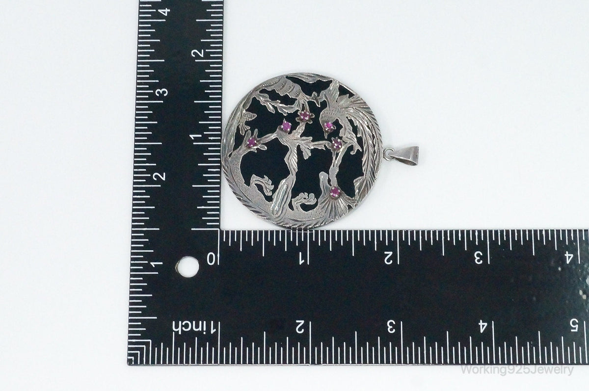 Vintage Large Ruby Black Onyx Etched Birds In Nature Sterling Silver Pendant