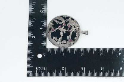 Vintage Large Ruby Black Onyx Etched Birds In Nature Sterling Silver Pendant