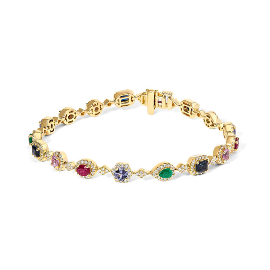 14K Yellow Gold Multi-Gemstone  and Diamond Halo Rainbow Link Bracelet