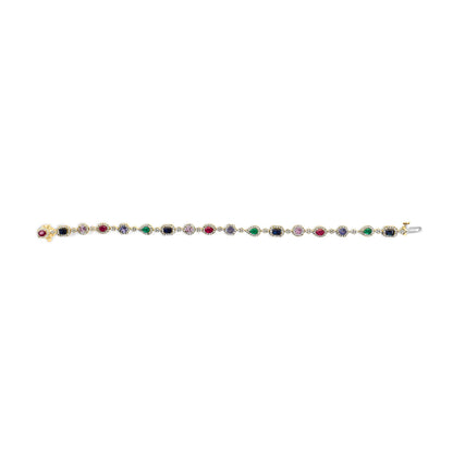 14K Yellow Gold Multi-Gemstone  and Diamond Halo Rainbow Link Bracelet