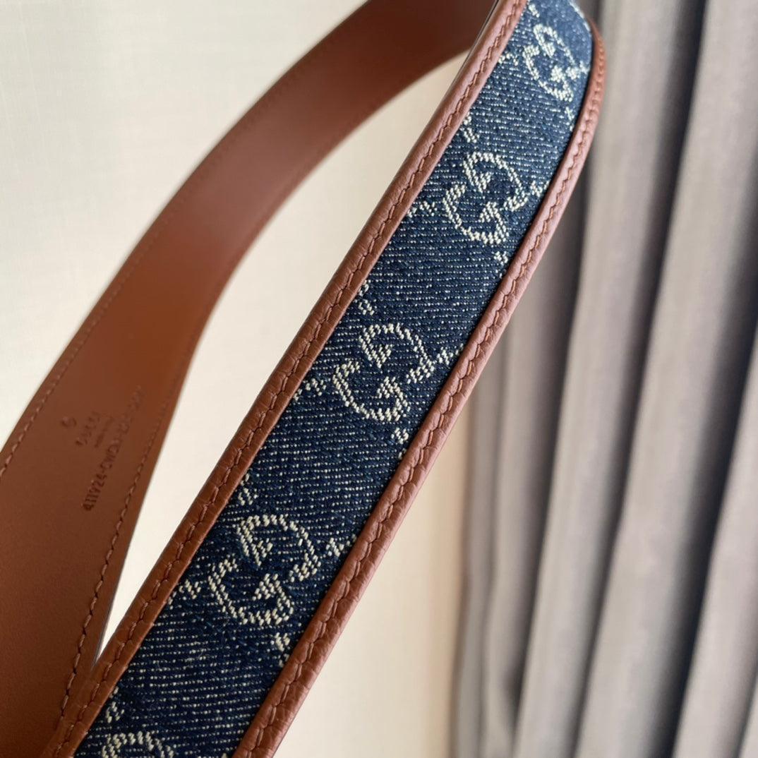 GUCCI Embellished coated-canvas and leather belt 'Brown/Blue'