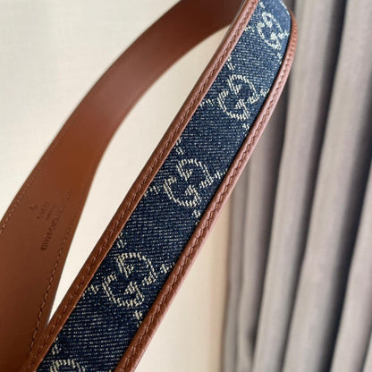 GUCCI Embellished coated-canvas and leather belt 'Brown/Blue'