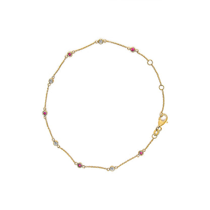 14K Yellow Gold Alternating Red Ruby and White Diamond Bezel Station Chain Bracelet (I-J Color, SI2-I1 Clarity) - 8" Inches
