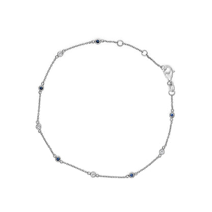 14K White Gold Alternating Blue Sapphire and White Diamond Bezel Station Chain Bracelet (I-J Color, SI2-I1 Clarity) - 8" Inches
