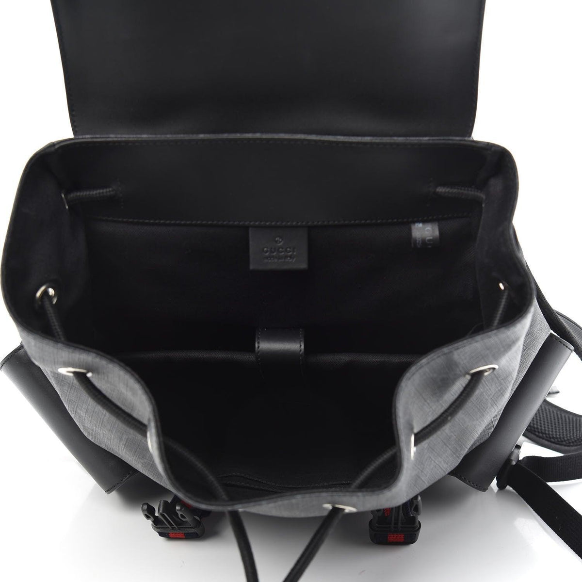 Gucci Soft GG Supreme Monogram Appia Calfskin Web Double Buckle Backpack Black