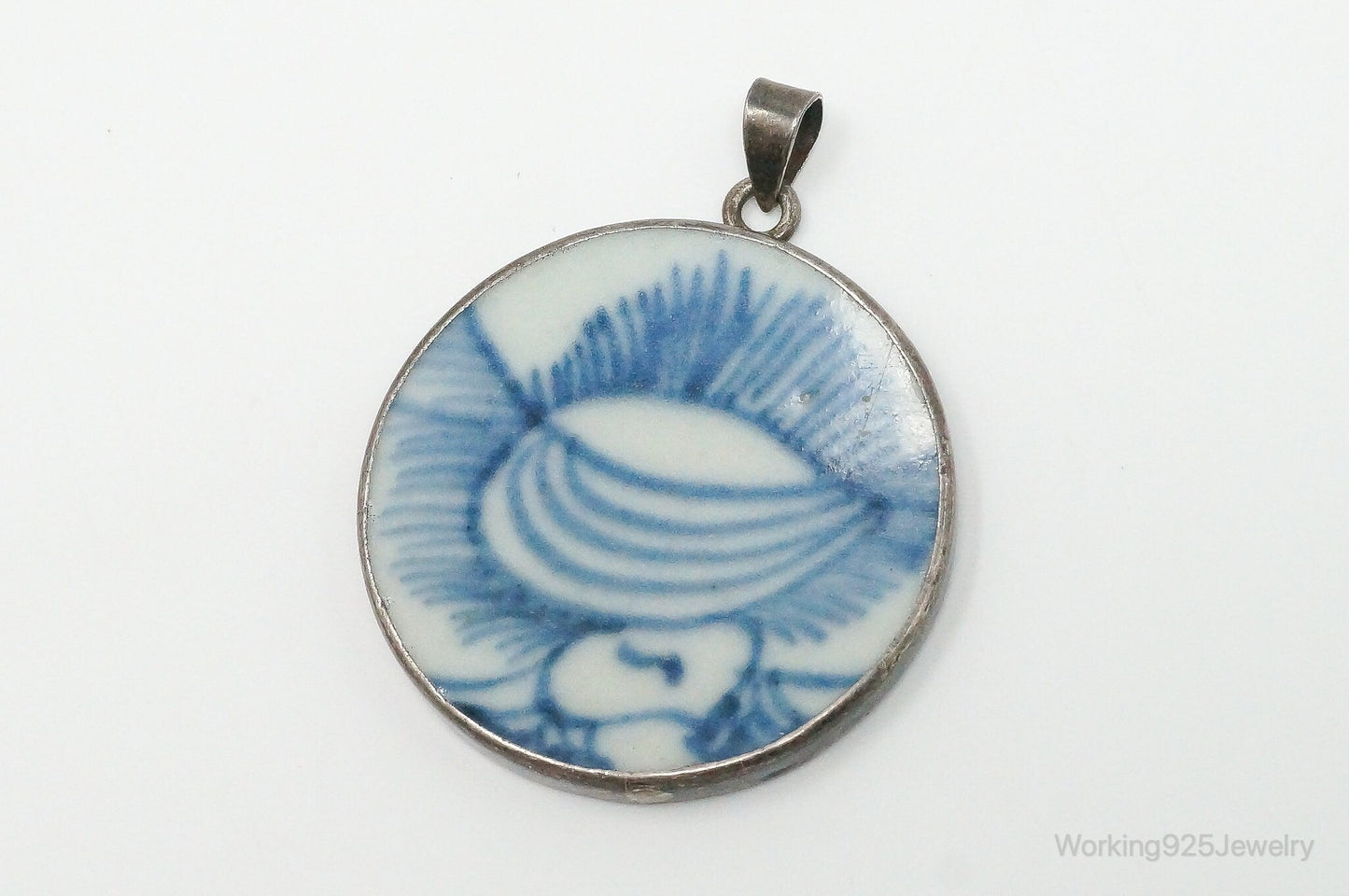 Vintage Blue & White Ming Porcelain Sterling Silver Pendant – Estate Jewelry