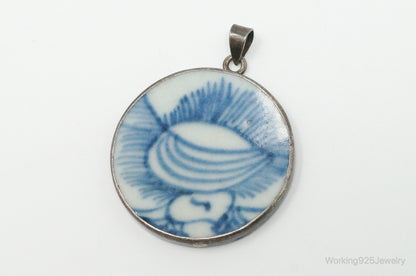 Vintage Blue & White Ming Porcelain Sterling Silver Pendant – Estate Jewelry