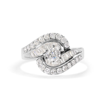 14K White Gold 1.00 Cttw Round and Baguette cut Diamond Swirl Cocktail Ring (H-I Color, SI2-I1 Clarity) - Ring Size 7
