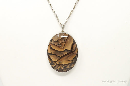 Vintage Unsigned Native American Large Picture Jasper Sterling Silver Necklace